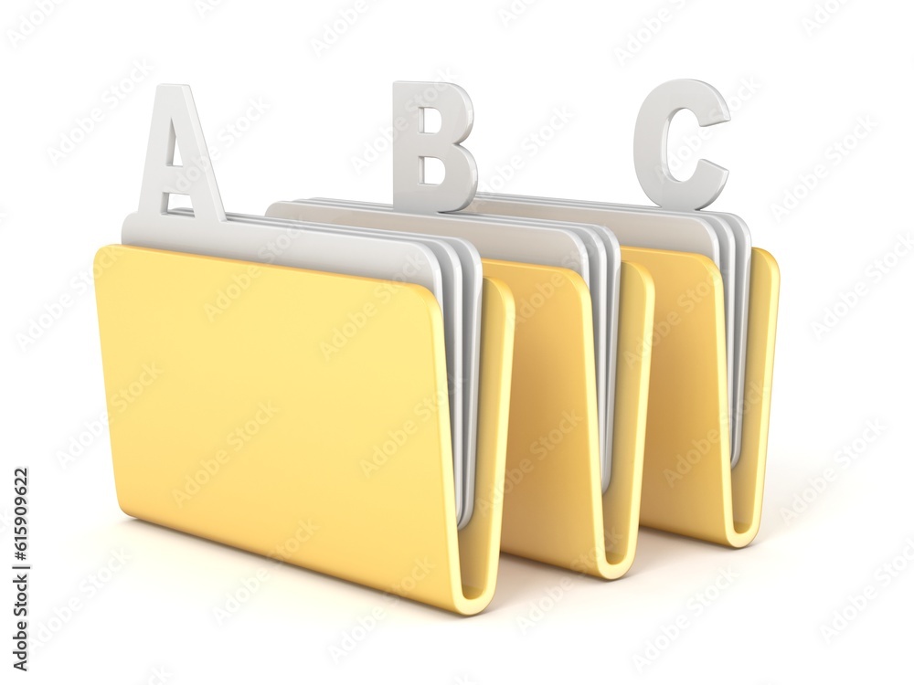 Poster three computer folder with abc files 3d render illustration isolated on white background