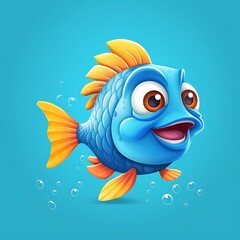 Cute cartoon blue fish character on blue background ai generative