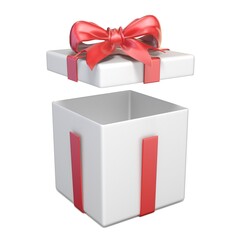 Opened white gift box and red ribbon bow 3D render illustration isolated on white background