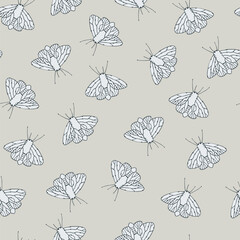 Seamless pattern with fantasy moths, butterflies in pencil drawing sketch. Happy summer illustration. Wallpaper, textile, backgound for kids