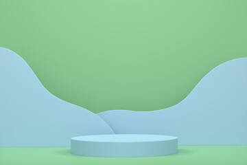 Pastel green cylinder podium with steps on blue background