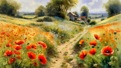 Old house in the woods, watercolor painting of a landscape in the morning, landscape with flowers and grass, poppies in the field of wheat