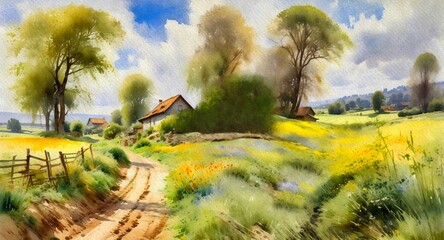 Old house in the woods, watercolor painting of a landscape in the morning, landscape with flowers and grass, poppies in the field of wheat