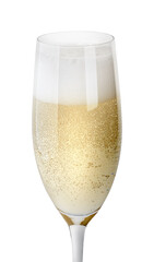 Closeup of glass of champagne with foam isolated on white background