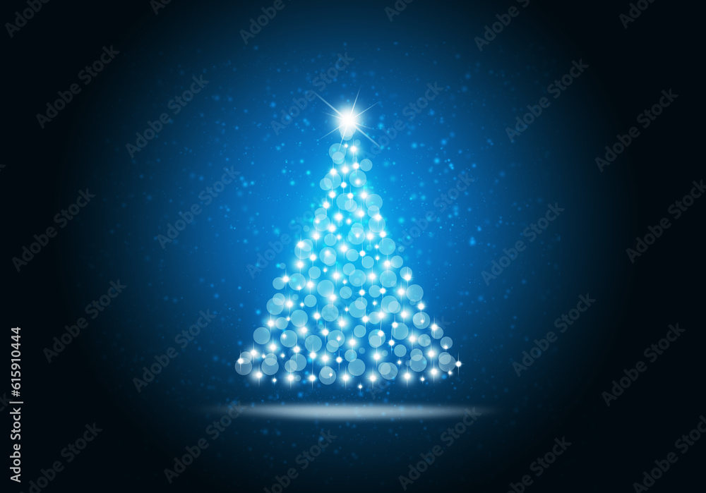 Sticker Christmas tree on blue background. Christmas card template