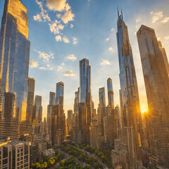Golden Dawn: Majestic Skyward Cityscape with Radiant Sunlit Beams