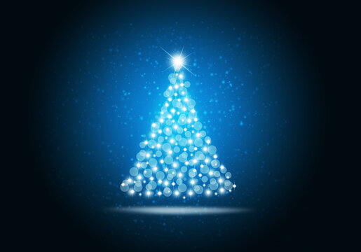 Christmas tree on blue background. Christmas card template