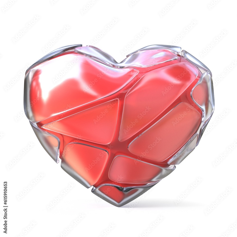 Poster red heart with broken iced shell. 3d render illustration isolated on white background
