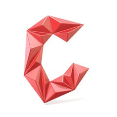 Red modern triangular font letter C. 3D render illustration isolated on white background