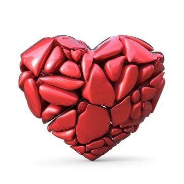Broken red heart made of red rocks. 3D render illustration isolated on white background