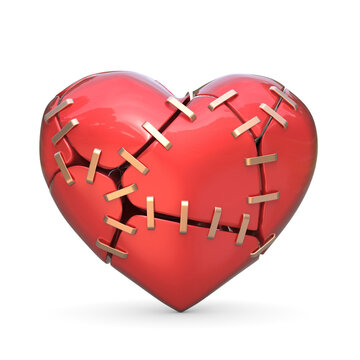 Broken red heart joined with metal staples. 3D render illustration isolated on white background
