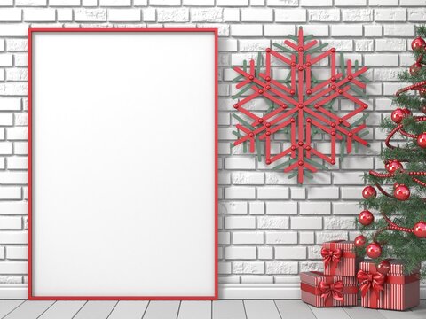 Mock up blank picture frame, Christmas tree, popsicle sticks snowflakes and striped gifts 3D render illustration