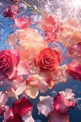 Blooming flowers and petals float in the water. Romantic background. Spa treatment for hands and body care, relaxation and aromatherapy. Pastel colors, soft light