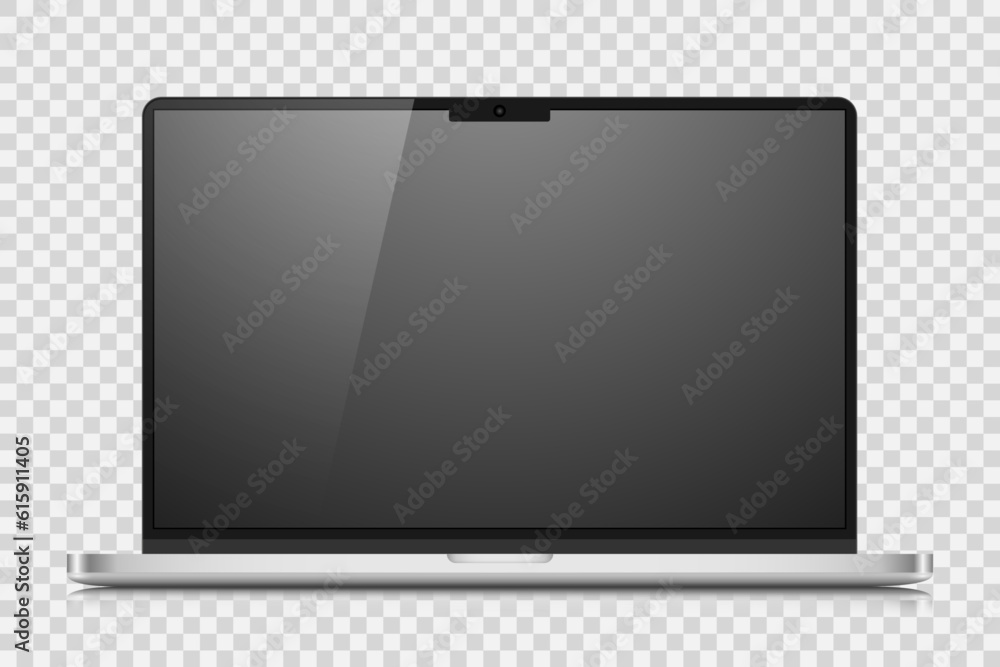 Poster a laptop layout with a black screen and reflection on a transparent background. realistic laptop wit