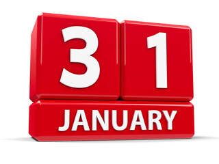 Red cubes - The Thirty First of January - on a white table, three-dimensional rendering, 3D illustration