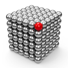 The neodymium magnet toy with red different element - isolated on a white - represents individuality and leadership, three-dimensional rendering, 3D illustration