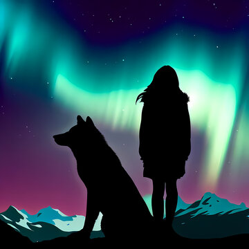 Wolf and girl silhouetted against an aurora borealis and distant mountains, digital art
