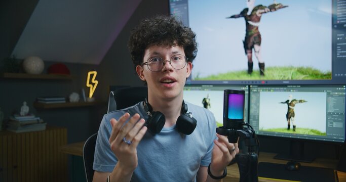 Young 3D designer speaks on camera using microphone, records video tutorial for blog about video game design and 3D modeling at home studio. Software interface on computer and big digital screen.