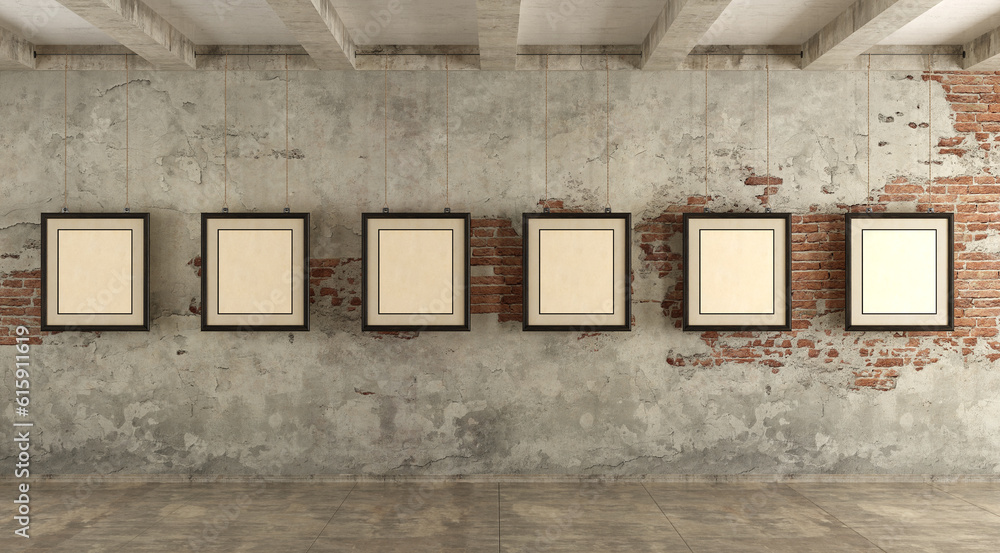 Poster Grunge art gallery with frames hanging with ropes - 3d rendering