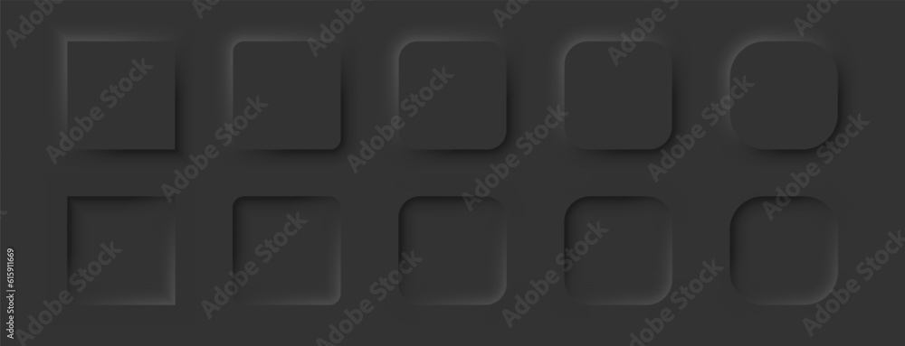 Poster square buttons in a neomorphic style. a set of user interface design elements in black. vector eps 1