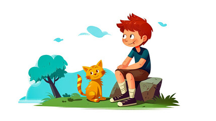 vintage illustration for a children's book about two ginger friends - a boy and a cat. AI generated.