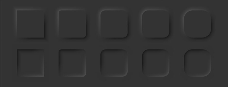 Square buttons in a neomorphic style. A set of user interface design elements in black. Vector EPS 10.