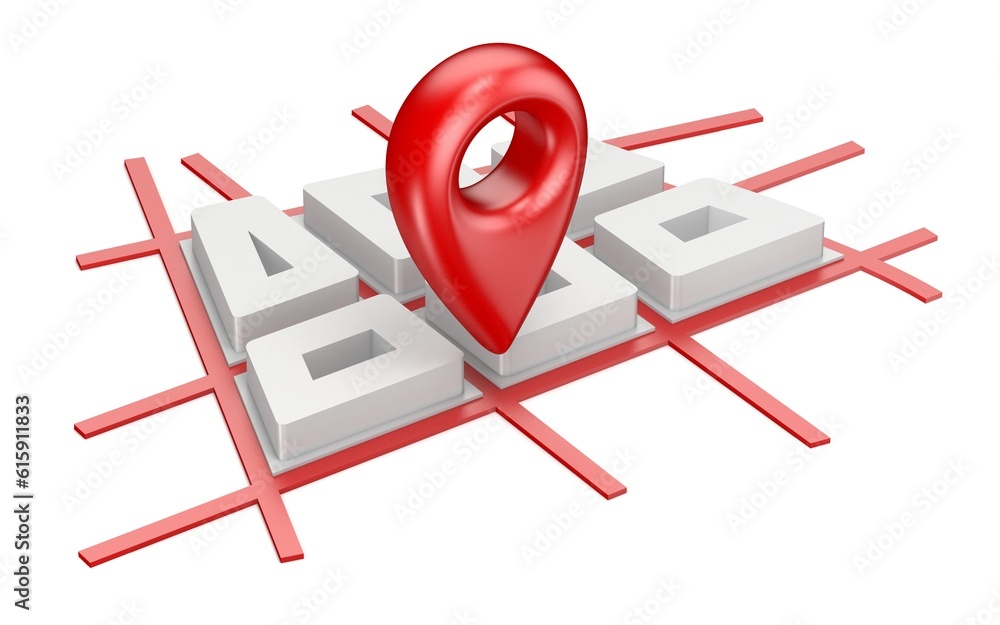 Poster red map pointer on city plane navigation concept 3d render illustration isolated on white background