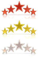 Obraz premium Collection of 3D rendering of five red, gold and white stars isolated on white