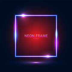 Neon square blue frame with highlights on a dark blue red background. Abstract futuristic neon background. Vector EPS 10.