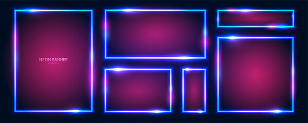 Rectangular neon banners with shining effects, highlights on a dark background. A set of futuristic modern neon glowing frames. Vector illustration.