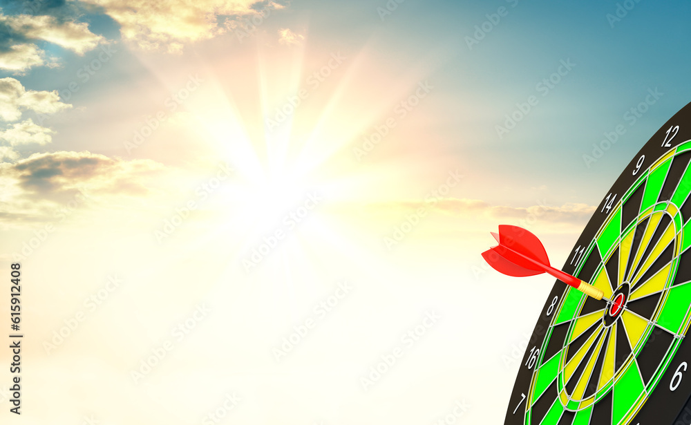 Aufkleber red arrow is rushing to center of target dartboard with sky background. 3d illustration