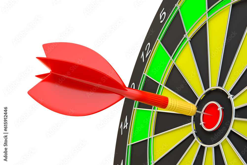 Poster close up red dart arrow on center of dartboard. 3d illustration