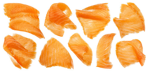 Thin salmon slices isolated isolated on white background