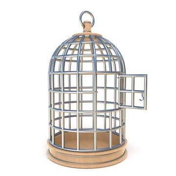 Empty bird cage opened 3D render illustration isolated on white background