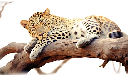 Sri Lankan leopard, Panthera pardus kotiya, laying on a tree, surrounded by dense vegetation. Created with Generative AI technology.