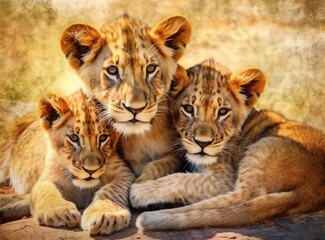 Fototapeta premium This proud male aftican lion is cuddled by his cub during an affectionate moment. Created with Generative AI technology.