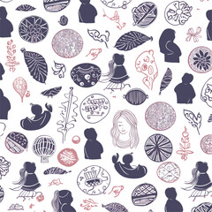 Seamless pattern of a couple with different symbols of love and motherhood.