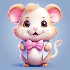 Cute cartoon mouse with pink bow tie. Vector illustration on blue background ai generative