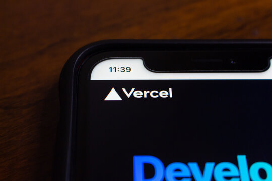 Vancouver, CANADA - Jun 19 2023 : Closeup logo of Vercel seen in its website in an iPhone. Vercel Inc. (formerly Zeit) is an US cloud PaaS company. The company is known for maintaining the Next.js