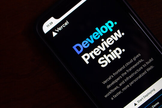 Vancouver, CANADA - Jun 19 2023 : Vercel website seen in an iPhone. Vercel Inc. (formerly Zeit) is an US cloud PaaS company. The company is known for maintaining the Next.js