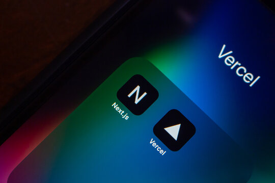 Vancouver, CANADA - Jun 19 2023 : Conceptual image of Next.js and Vercel icons seen in an iPhone. Vercel Inc. is an US cloud PaaS company and known for maintaining the Next.js