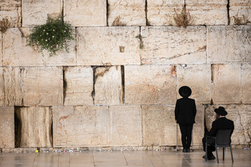 Two orthodox men praying by the western wall in Jerusalem.