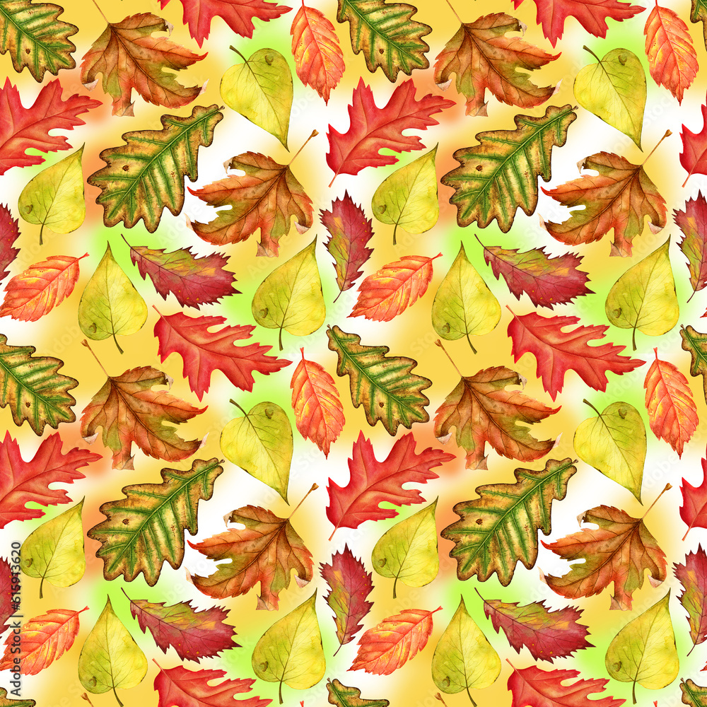 Poster Seamless watercolor pattern with red, yellow and green-yellow autumn leaves on colorful background. Endless artwork hand-drawn. Floral wallpaper autumn plant forest