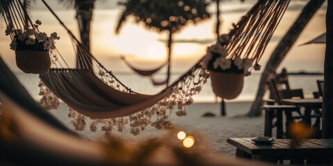 Fototapeta na wymiar romantic resort pool, blurred light hammock on beach , palm trees, exotic flowers,green sea water, people silhouette sit on background ,generated ai
