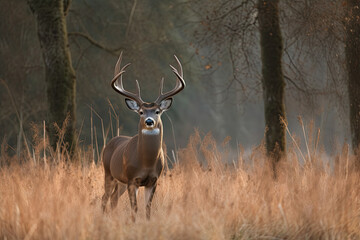 Fototapeta premium a deer that is standing in the tall grass with its ants on it's back and looking at the camera