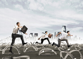Man falls into trap during a competition. Concept of difficulty in life and work