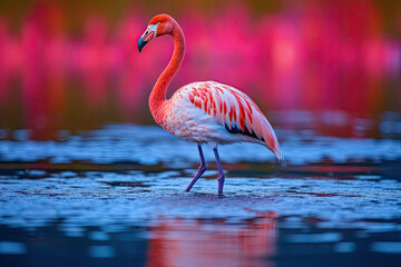 a pink flaming standing in the middle of a body of water with its head turned to look like it's looking at something