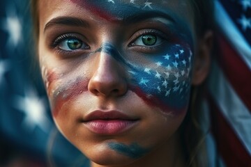 fan girl in the colors of the U.S. Flag of USA on his face and in the background. Generative ai