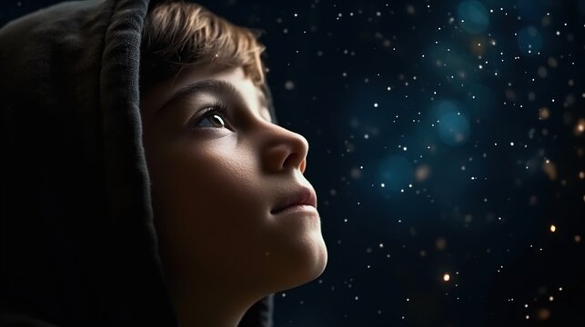Child looks at the starry christmas night sky. Generative ai