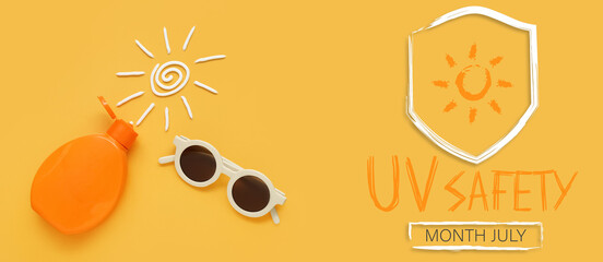 Bottle of sunscreen cream, sunglasses and drawn sun on orange background. Banner for Ultraviolet...
